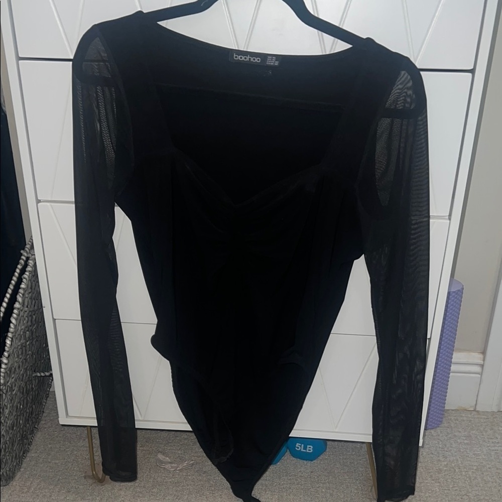 Boohoo sheer sleeve black long sleeve bodysuit